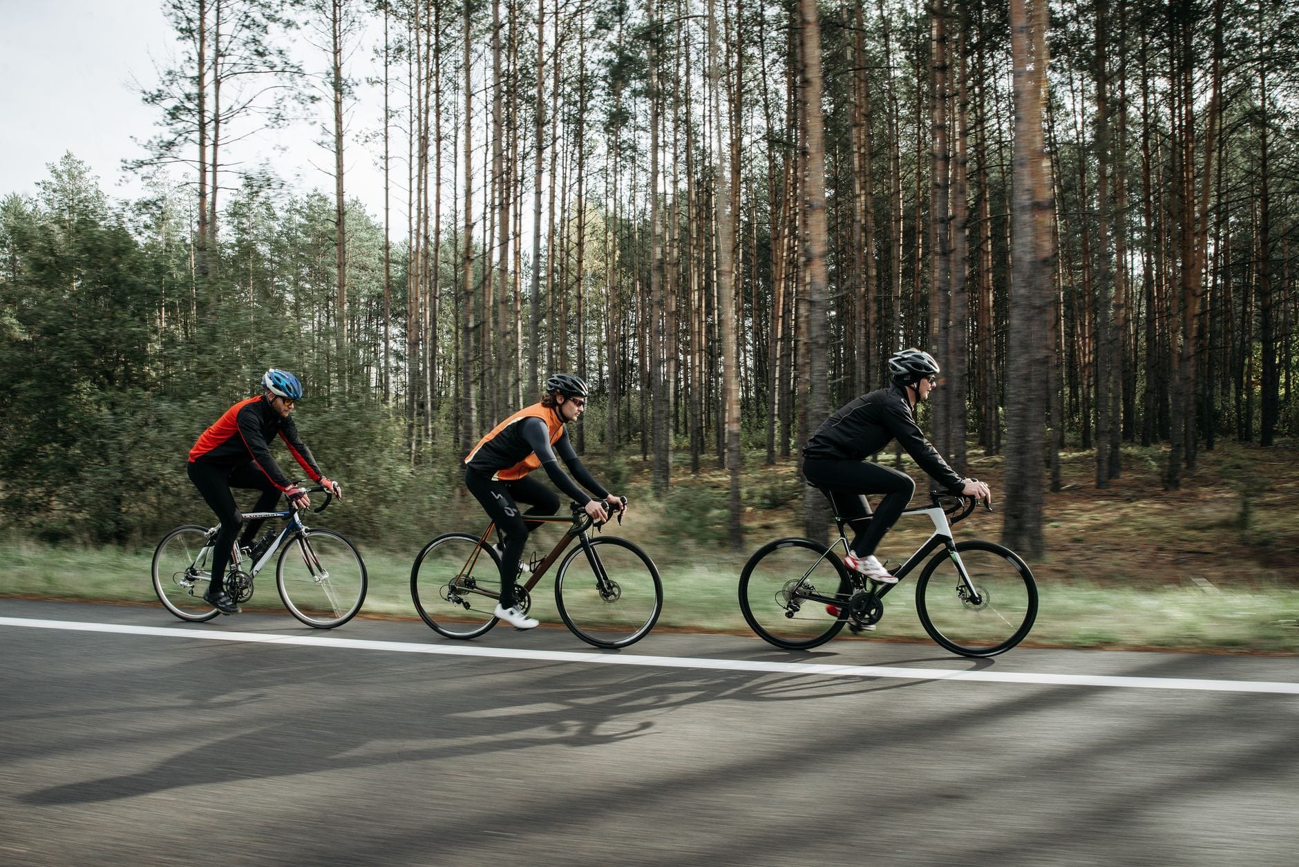 Grupa rowerzystów jedzie szosą wśród zielonego lasu w słoneczny dzień Grupa rowerzystów jedzie szosą wśród zielonego lasu w słoneczny dzień